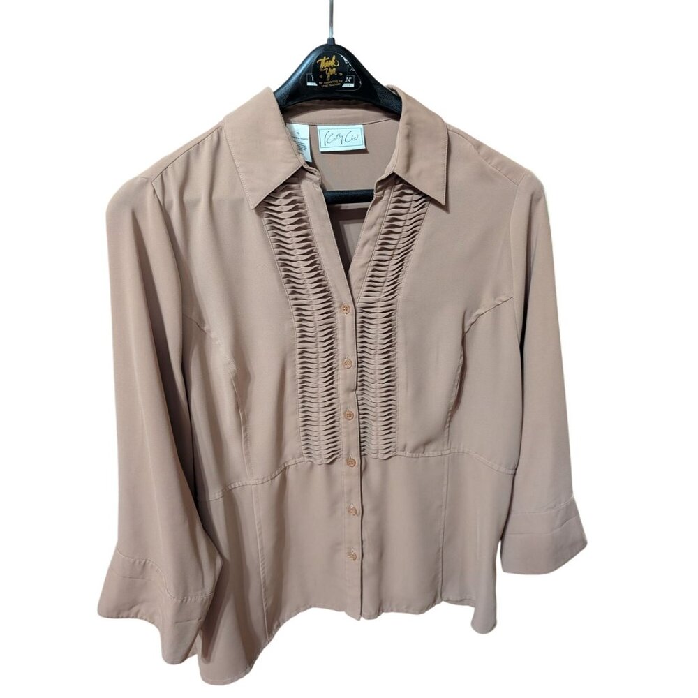 Kathy Che Blouse Women's XL Brown Button Up 3/4 Sleeve Peplum Top w/Front Ruffle